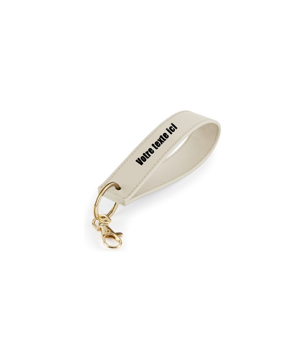 Porte clé rectangulaire beige avec dragonne de couleur or personnalisable